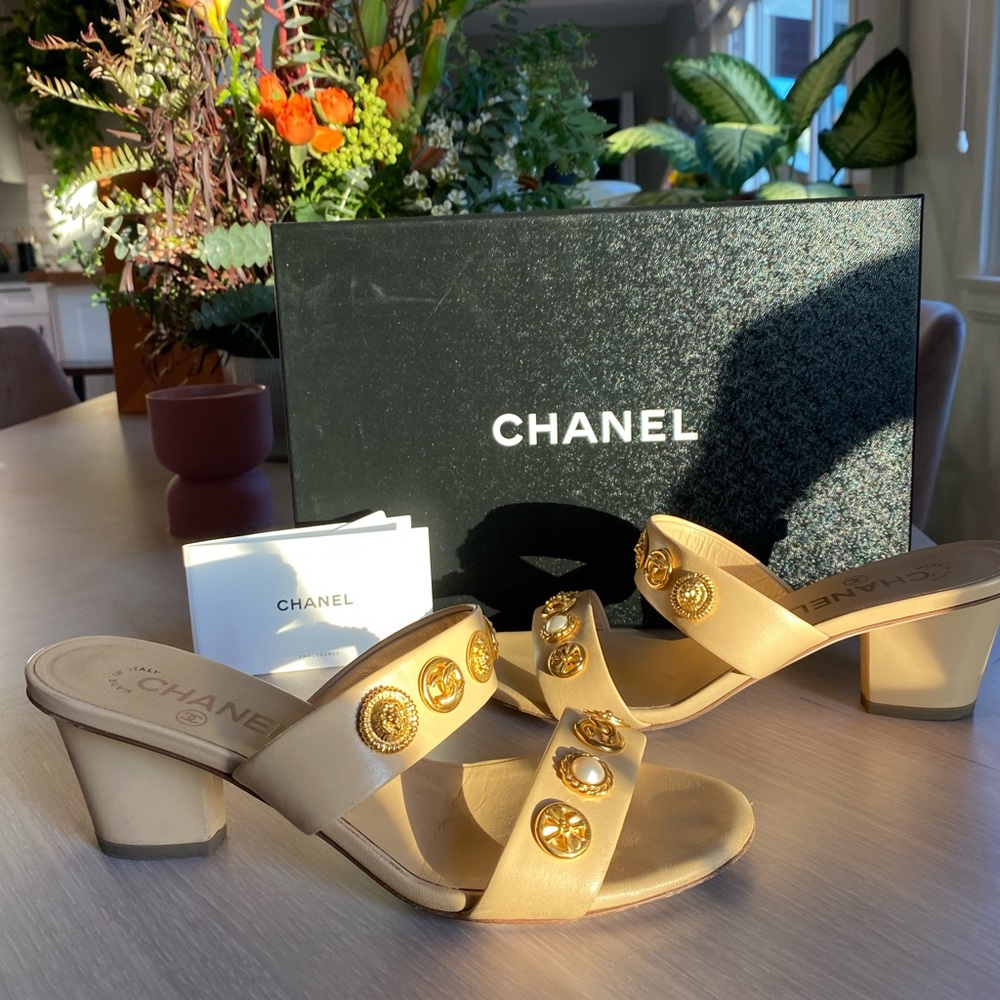 Chanel heels with gold studs/details